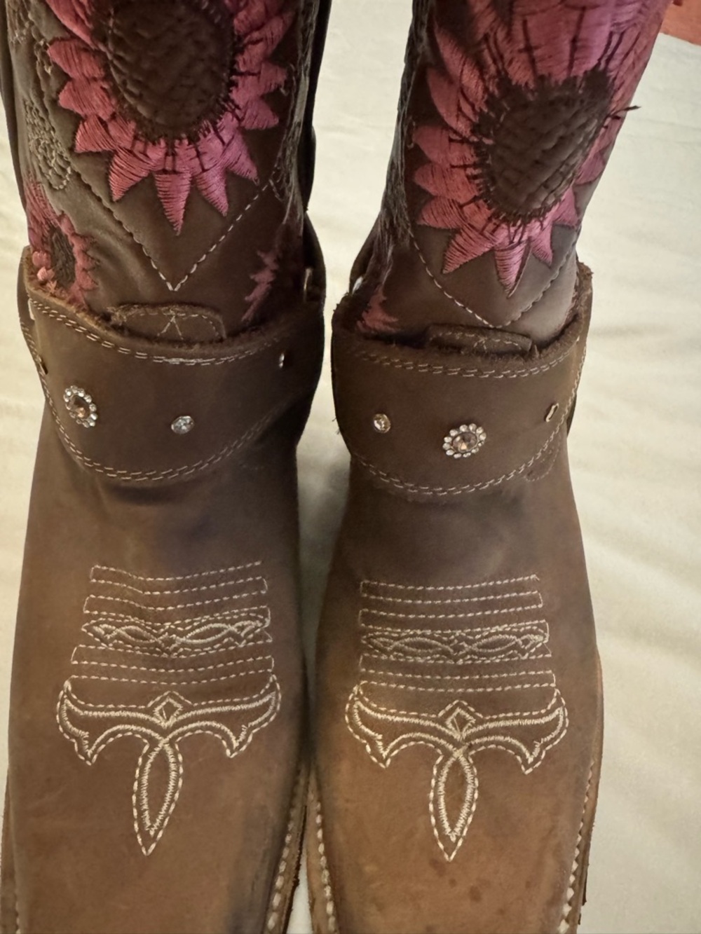 Women's Brown Leather Western Boots with Pink Embroidered Shaft